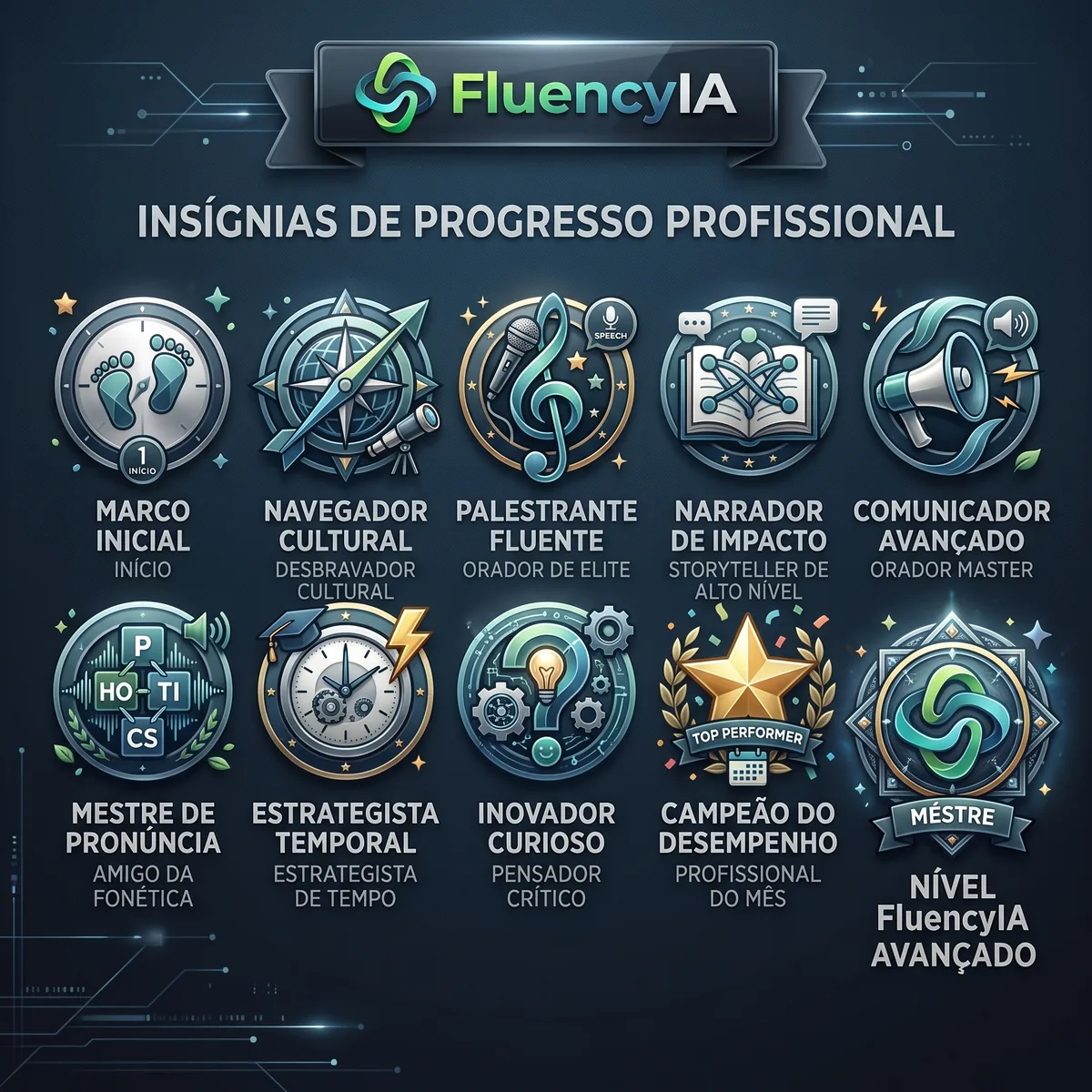 Insígnias de progresso da FluencyIA
